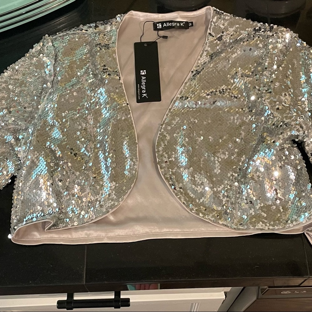 New Allegra K Women's Sequin Jacket Long Sleeve Open Front Cropped Bolero-Medium